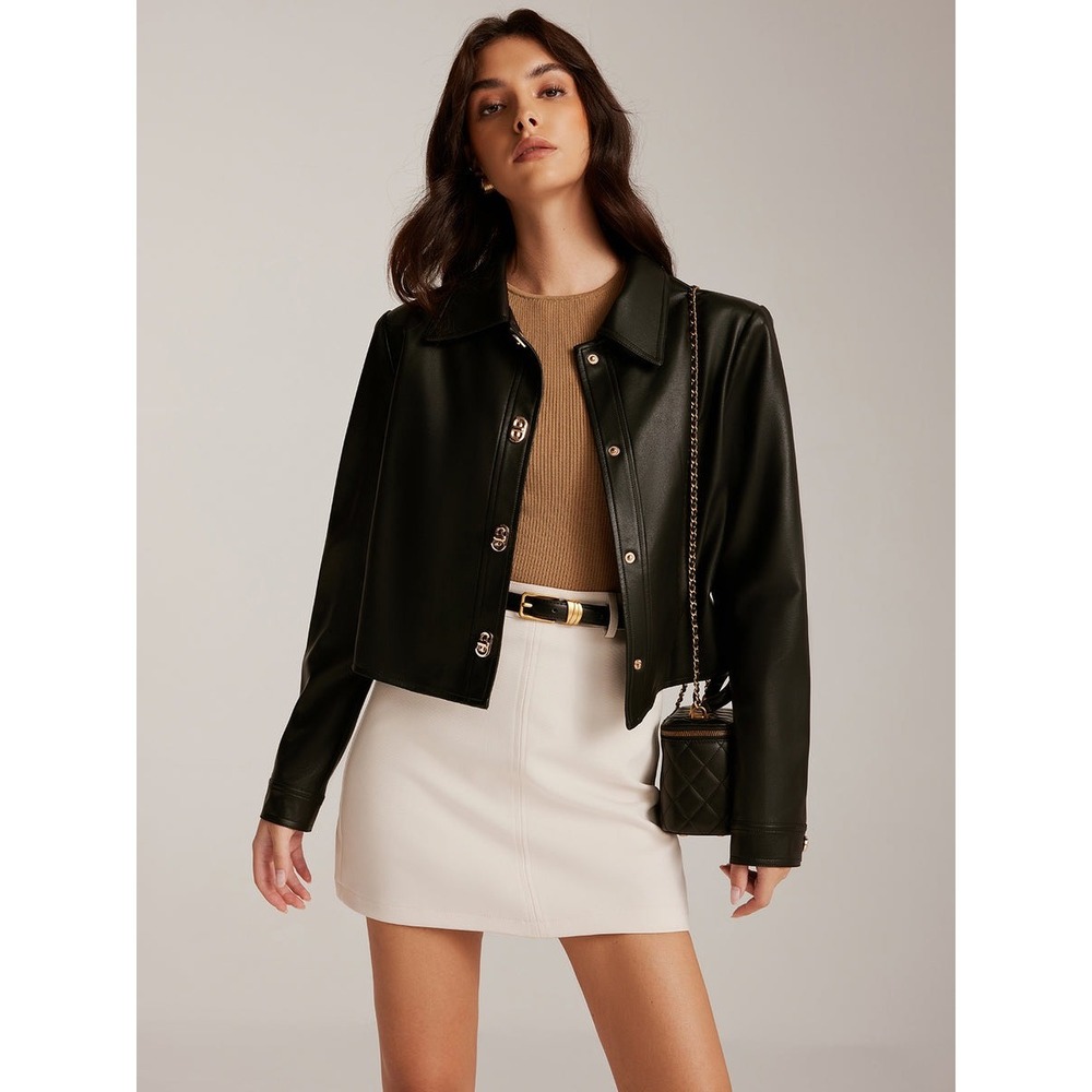 Commense Metal-Button PU Leather Short Jacket Black size S